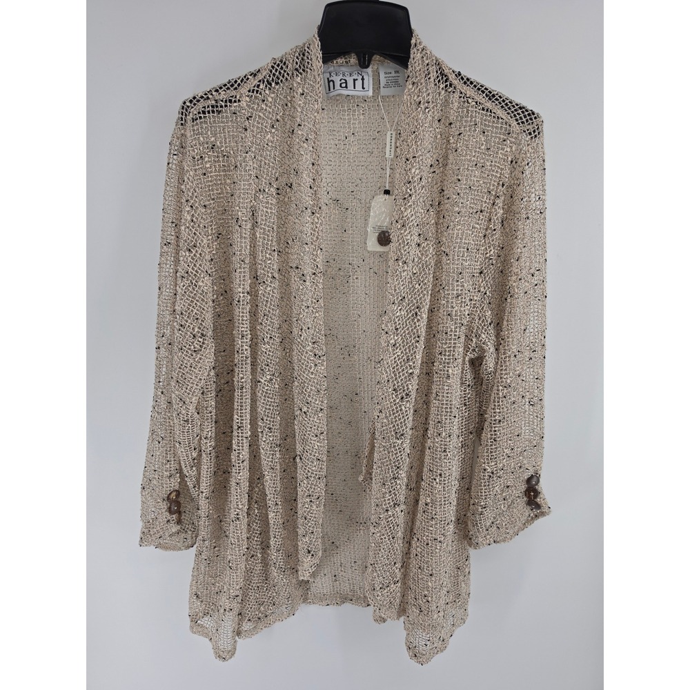 Keren Hart Womens XXL Open Front Mesh Knit Cardigan Beige Black Speckled NWT